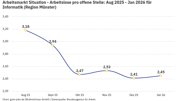 Arbeitsmarkt Situation - Arbeitslose pro offene Stelle: Aug 2025 - Jan 2026 | Für Informatik | Region Münster