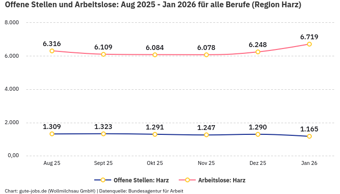 Offene Stellen und Arbeitslose: Aug 2025 - Jan 2026 | Für alle Berufe | Region Harz