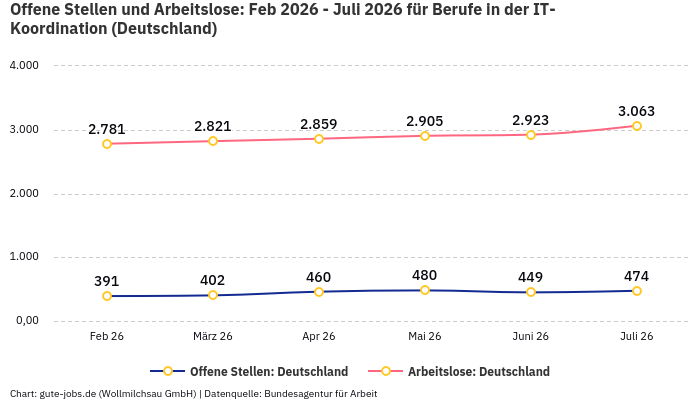 Offene Stellen und Arbeitslose: Feb 2026 - Juli 2026 | Für Berufe in der IT-Koordination | Bundesland Deutschland