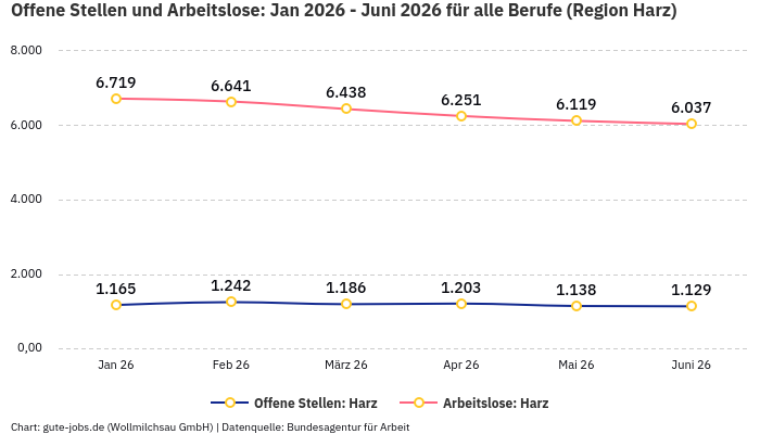 Offene Stellen und Arbeitslose: Jan 2026 - Juni 2026 | Für alle Berufe | Region Harz
