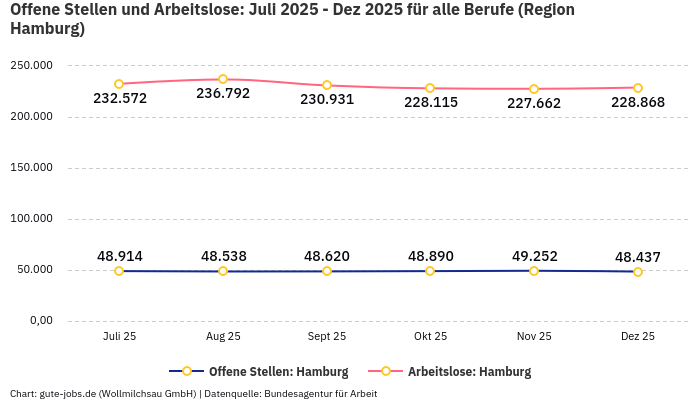 Offene Stellen und Arbeitslose: Juli 2025 - Dez 2025 | Für alle Berufe | Region Hamburg