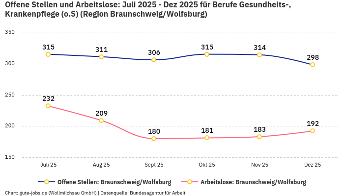 Offene Stellen und Arbeitslose: Juli 2025 - Dez 2025 | Für Berufe Gesundheits-, Krankenpflege (o.S) | Region Braunschweig/Wolfsburg