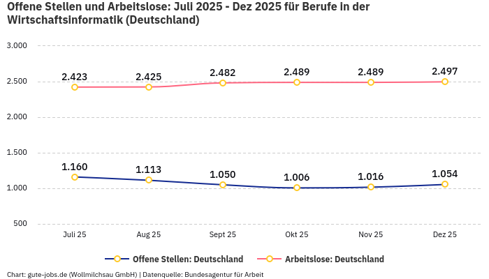 Offene Stellen und Arbeitslose: Juli 2025 - Dez 2025 | Für Berufe in der Wirtschaftsinformatik | Bundesland Deutschland