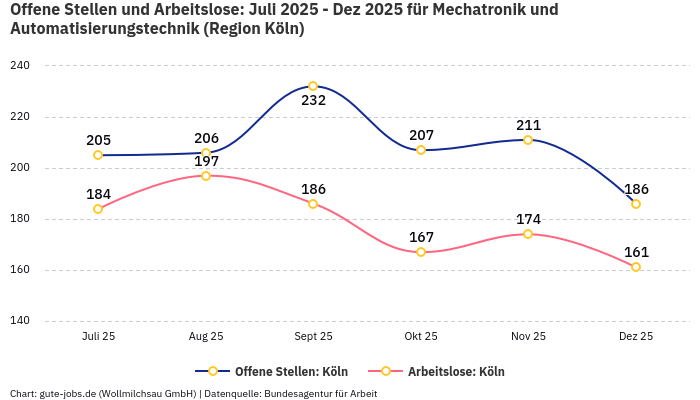 Offene Stellen und Arbeitslose: Juli 2025 - Dez 2025 | Für Mechatronik und Automatisierungstechnik | Region Köln