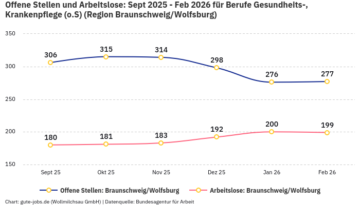 Offene Stellen und Arbeitslose: Sept 2025 - Feb 2026 | Für Berufe Gesundheits-, Krankenpflege (o.S) | Region Braunschweig/Wolfsburg